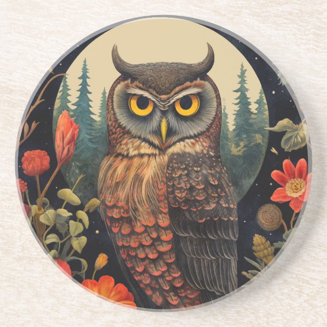 Owl at Night with a Full Moon Pattern Coaster (Front)