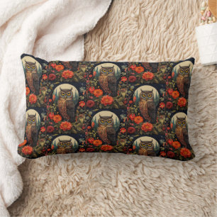 Owl at Night with a Full Moon Pattern Lumbar Cushion