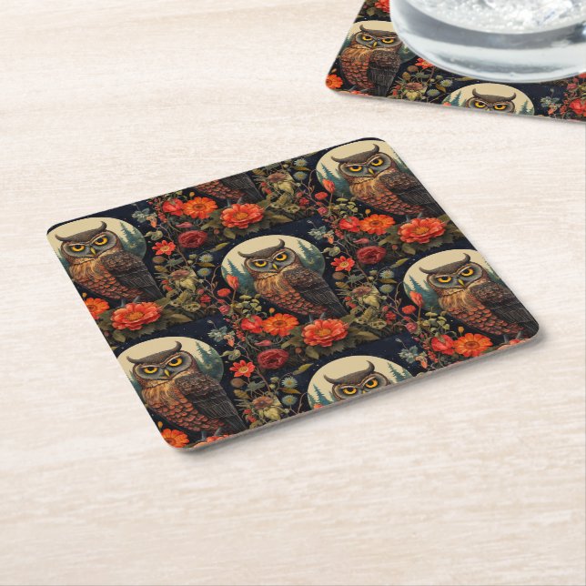 Owl at Night with a Full Moon Pattern Square Paper Coaster (Angled)
