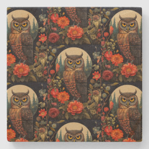 Owl at Night with a Full Moon Pattern Stone Coaster