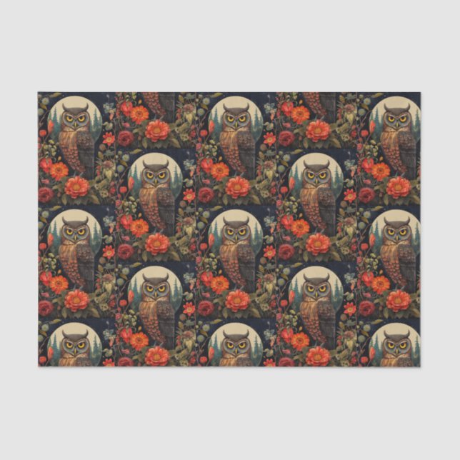 Owl at Night with a Full Moon Pattern Tissue Paper (Front)