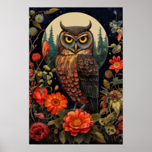Owl at Night with a Full Moon Poster