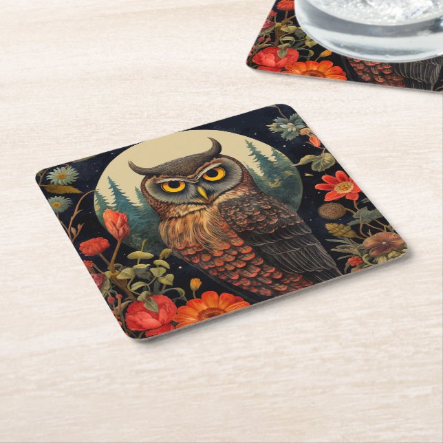 Owl at Night with a Full Moon Square Paper Coaster (Angled)