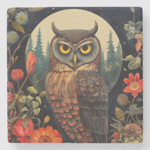 Owl at Night with a Full Moon Stone Coaster