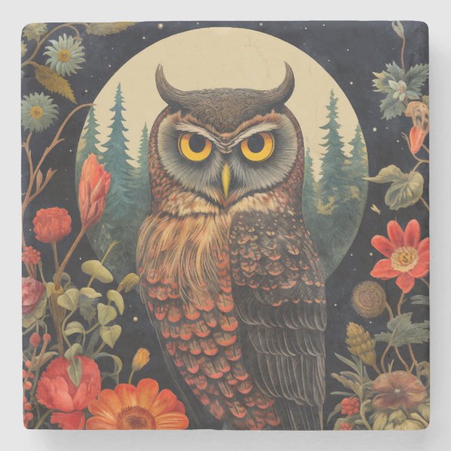 Owl at Night with a Full Moon Stone Coaster (Front)