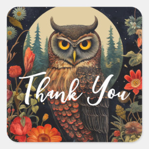 Owl at Night with a Full Moon Thank You Square Sticker