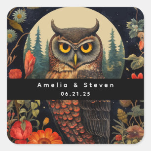 Owl at Night with a Full Moon - Wedding Square Sticker