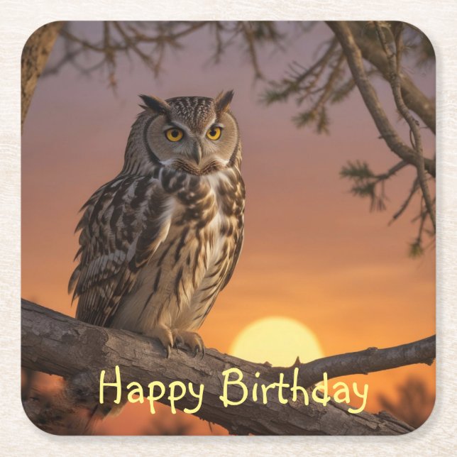 Owl at Sunset Square Paper Coaster (Front)