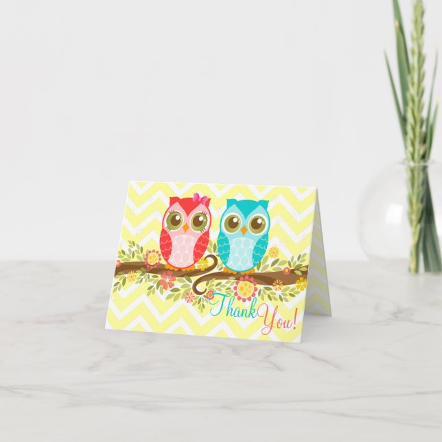 Owl Baby Boy and Girl Twins Custom Thank You Card (Front)