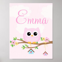 Owl Baby Girl pink personalised poster