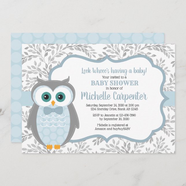 owl baby shower invitation boy blue grey woodland (Front/Back)