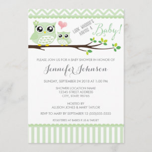 Owl Baby Shower Invitation Green Chevron