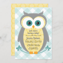 Owl baby shower invitation neutral yellow grey