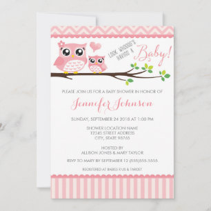 Owl Baby Shower Invitation   Pink Chevron   Girl