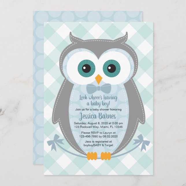 Owl baby shower invitation woodland boy blue grey (Front/Back)