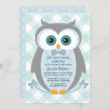 Owl baby shower invitation woodland boy blue grey