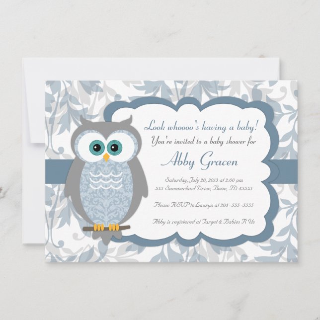 Owl Baby Shower Invitations, Blue, Grey - 830 Invitation (Front)