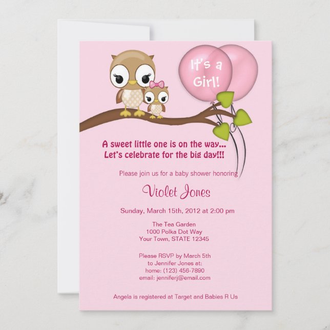 Owl Baby Shower Invitations Girl Mummy pink (Front)