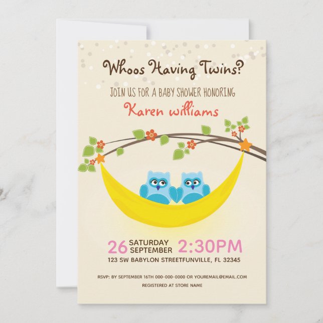 Owl Baby Shower - Look Whoo's Having Twin Boys? Invitation (Front)