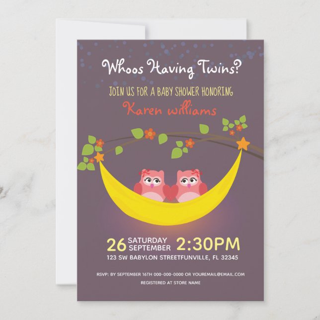 Owl Baby Shower - Look Whoo's Having Twin Girls? Invitation (Front)