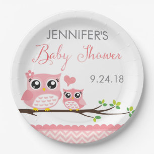 Owl Baby Shower Plate Pink Chevron Girl