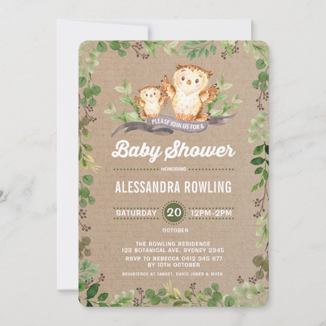 Owl Baby Shower Rustic Woodland Greenery Invite (Front)