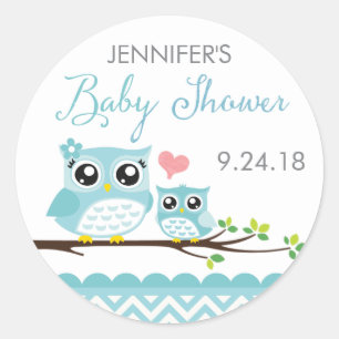 Owl Baby Shower Sticker / Label Blue Chevron Boy