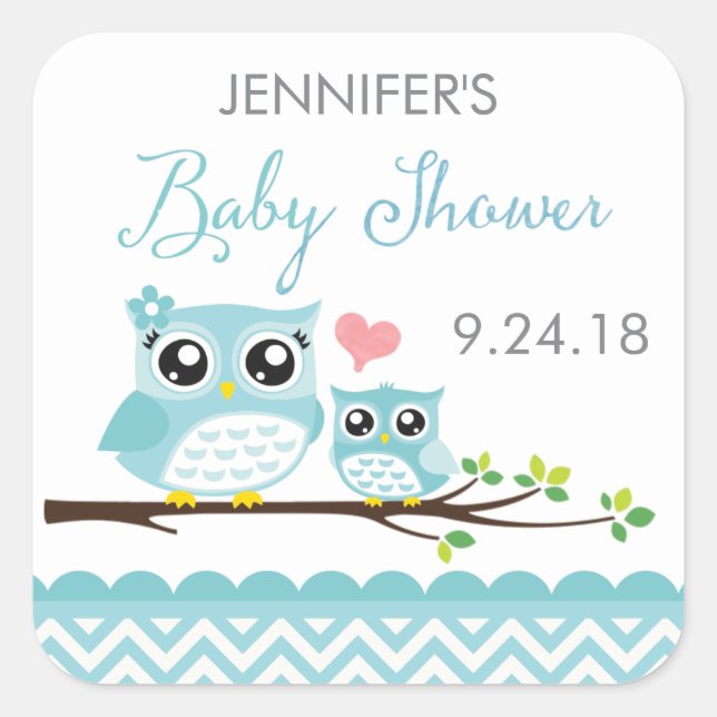 Owl Baby Shower Sticker / Label | Blue Chevron Boy (Front)