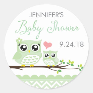 Owl Baby Shower Sticker / Label Green Chevron