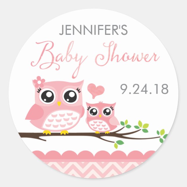 Owl Baby Shower Sticker Label | Pink Chevron Girl (Front)