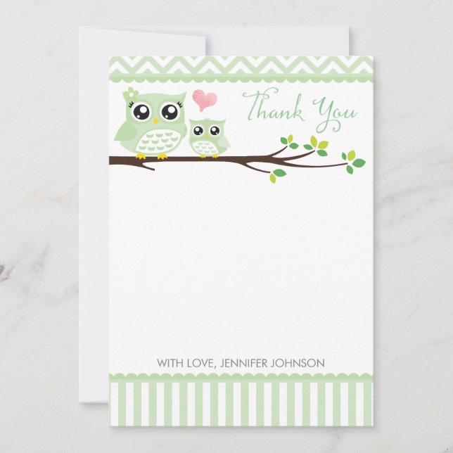 Owl Baby Shower Thank You Card | Green Chevron (Front)