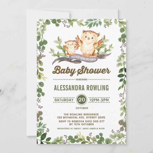 Owl Baby Shower Woodland Greenery Forest Invite (Front)