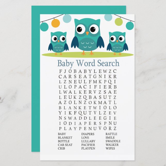 Owl Baby Shower Word Search Game (Front/Back)