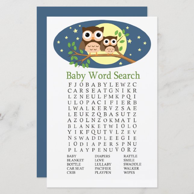 Owl Baby Shower Word Search Game (Front/Back)