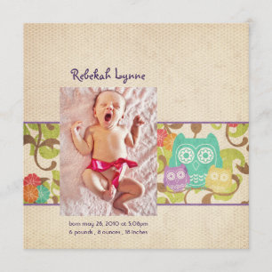 Owl Baby Turquoise Birth Announcements