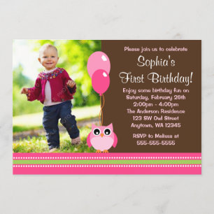 Owl Balloons Brown Pink Photo Birthday Invitation