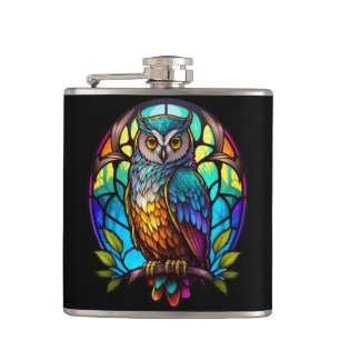 Owl Bird Animal Portrait Stained Glass Wildlife  Hip Flask