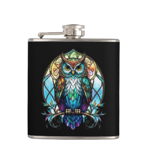 Owl Bird Animal Portrait Stained Glass Wildlife  Hip Flask