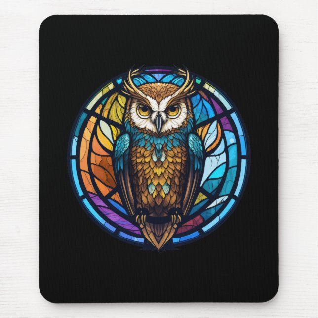 Owl Bird Animal Portrait Stained Glass Wildlife  Mouse Pad (Front)