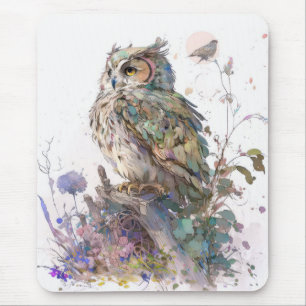 Owl Bird Portrait Animal Painting Wildlife Forest Mouse Pad