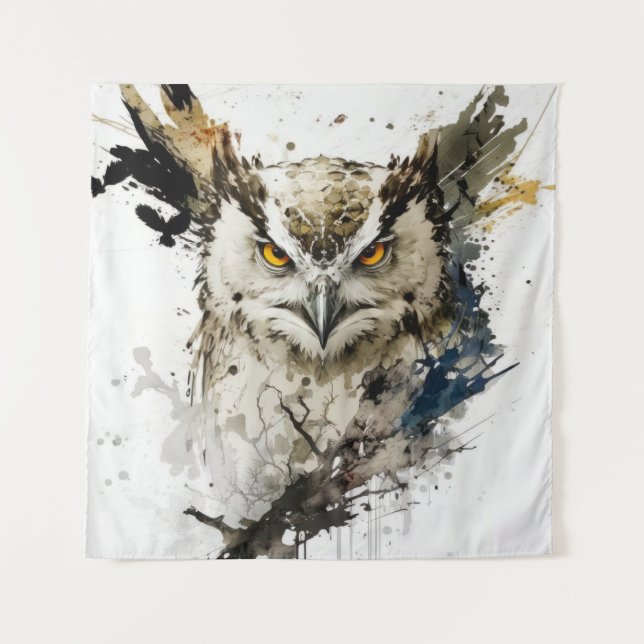 Owl Bird Portrait Animal Painting Wildlife Forest Tapestry (Front)