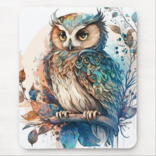 Owl Bird Portrait Animal Painting Wildlife Outdoor Mouse Pad