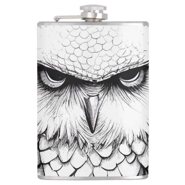 Owl Bird Wild Nature Illustration Line Epic Art Hip Flask (Front)