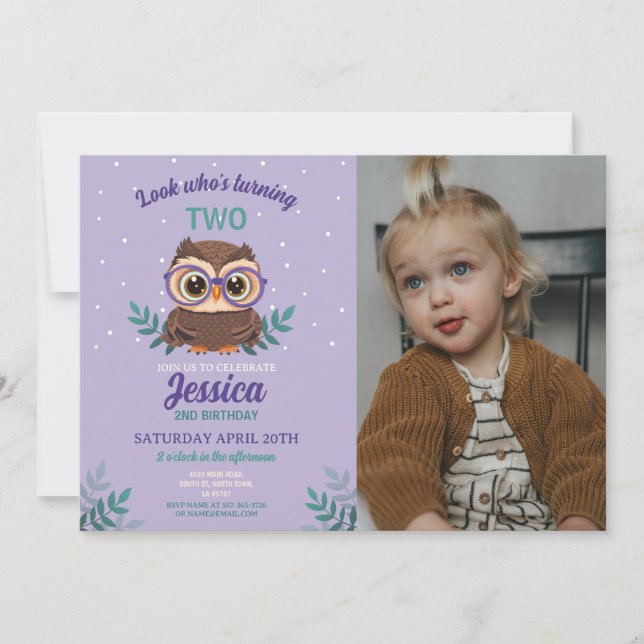 Owl Birthday Girls Hoot Glasses Purple Photo Invitation (Front)