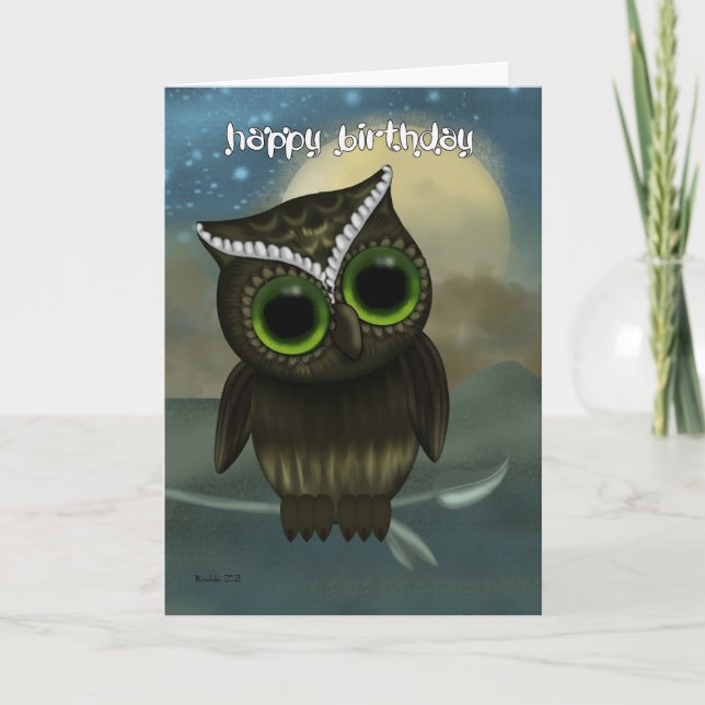 Owl Birthday Greeting Card, Fantasy Night Owl Card (Front)