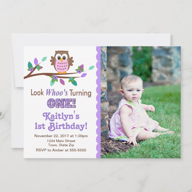 Owl Birthday Invitation 1st Birthday Party (Front)