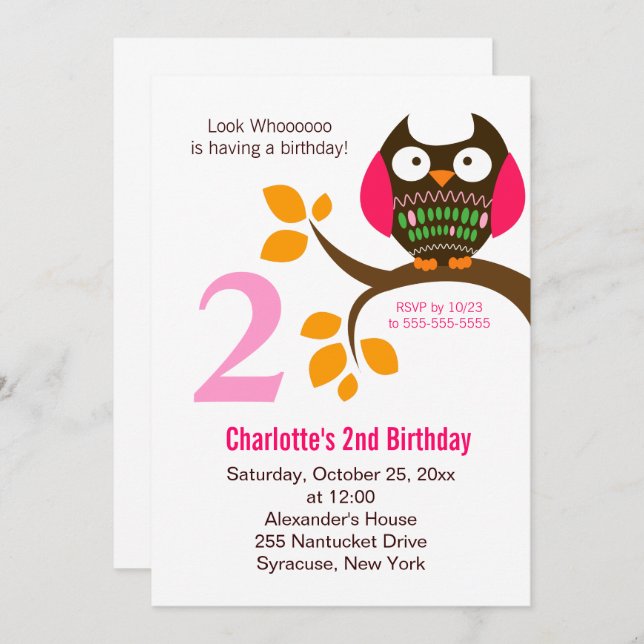 Owl Birthday Invitation for Girls Orange/Pink (Front/Back)