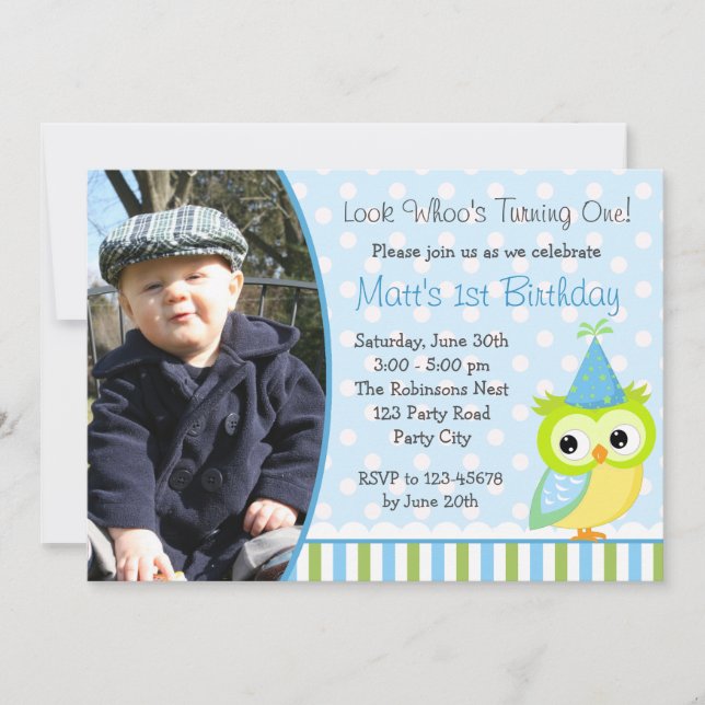 Owl Birthday Invitations with Photo for Boys (Front)