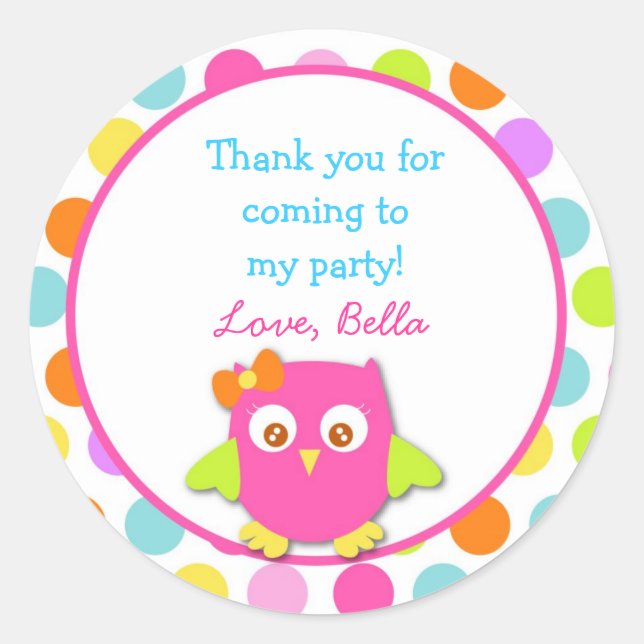 Owl Birthday Party Favour Stickers (Front)