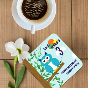 Owl Birthday Square Paper Coaster